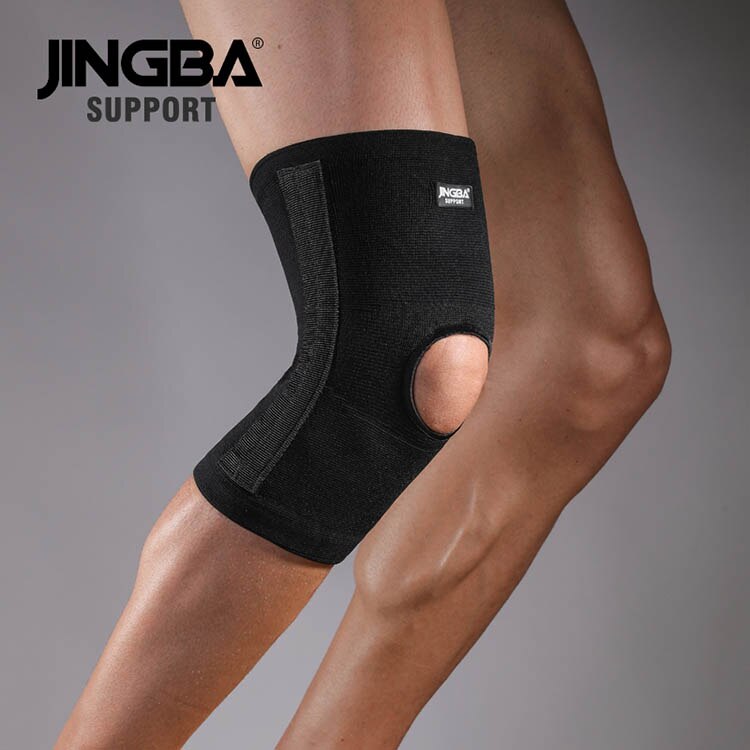 Jingba support sportssikkerhed beskyttelse knæpuder volleyball knæstøtte basketball knæbeskytter bøjle fjeder støtte: Sort