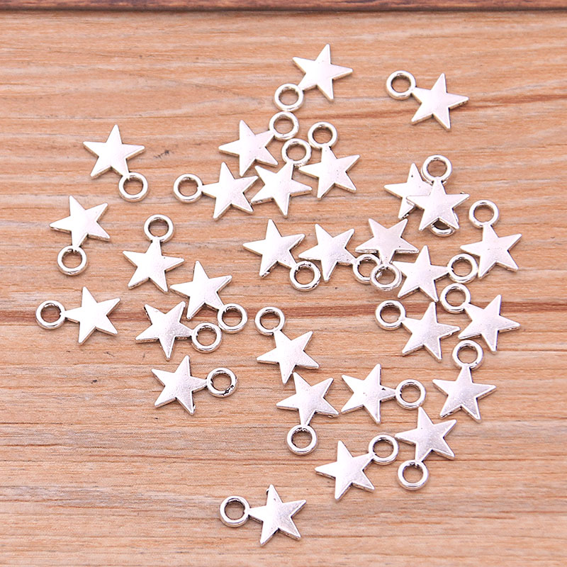100 STKS 8*11mm 3 Kleur Metalen Zinklegering MINI vijfpuntige Ster Charms Fit Sieraden Hanger Charms Ingrediënten DIY Handgemaakte Craft: Antique Silver Plated