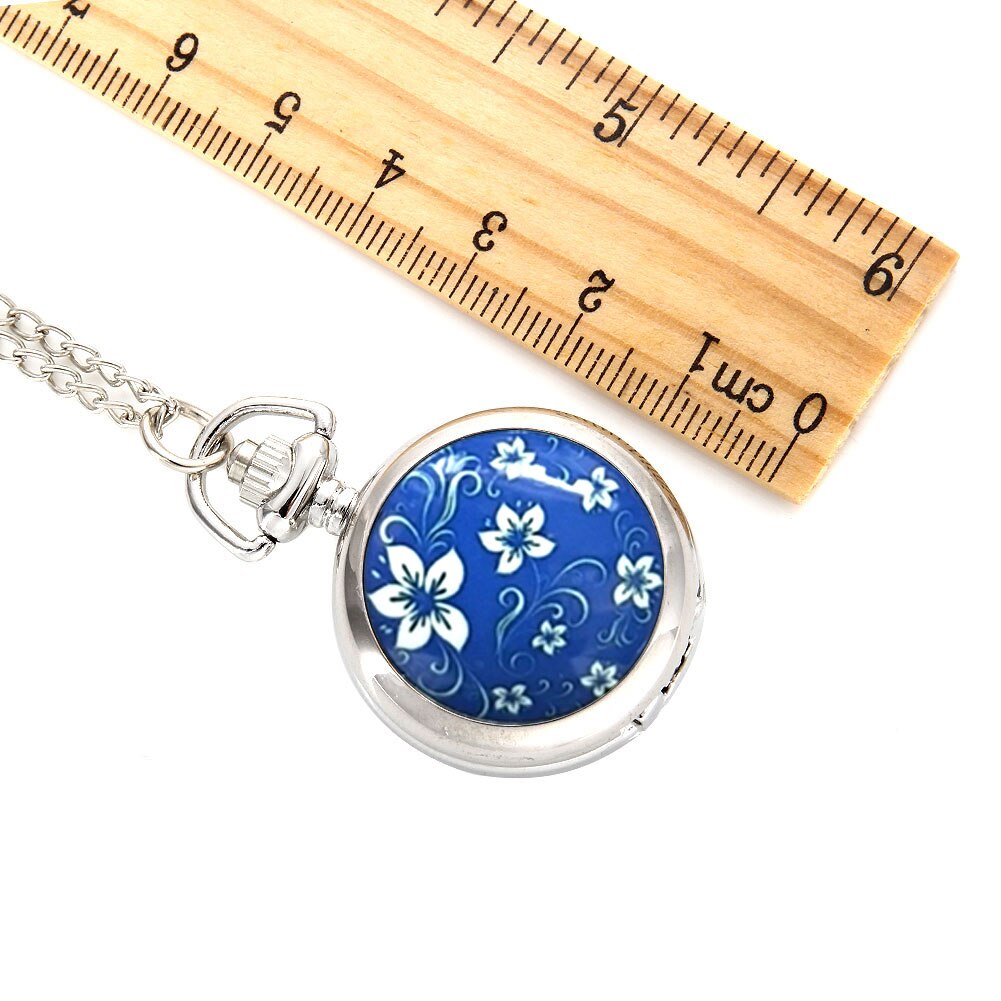 Vintage dames zakhorloge met legering, blauwe bloemenpatroon, damestrui, ketting, hanger, klok, tt@ 8