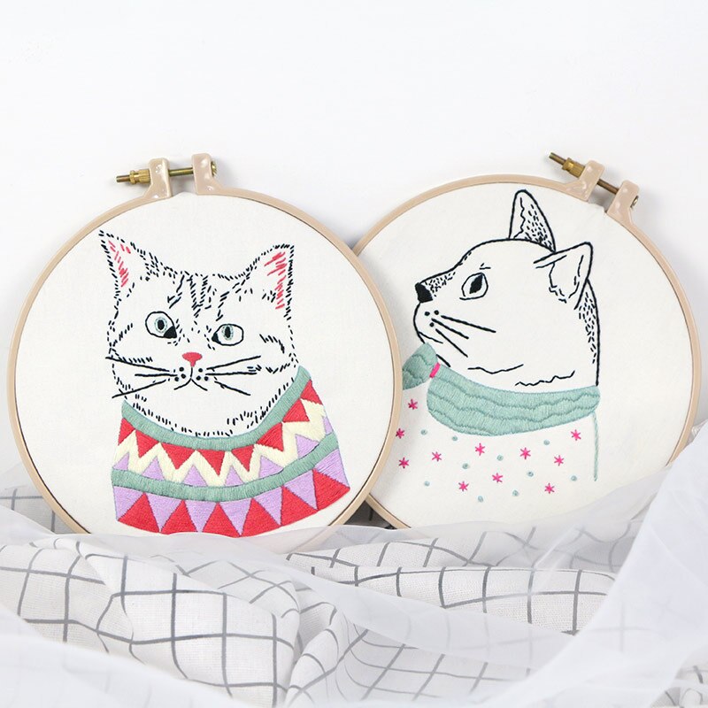 Cartoon Cat DIY Embroidery Kit with Hoop Cross Stitch Needlework Embroidery Craft Sewing Art Supplies Home Decor Wall Painting: 2 pcs