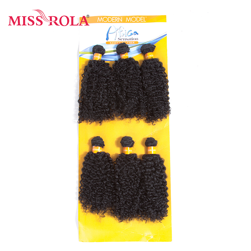 Miss Rola, extensiones de cabello sintético rizado 1B n. ° 9,5 "pulgadas, 6 unidades por paquete, mechones ondulados Kanekalon, ofertas, máquina cosida, doble trama