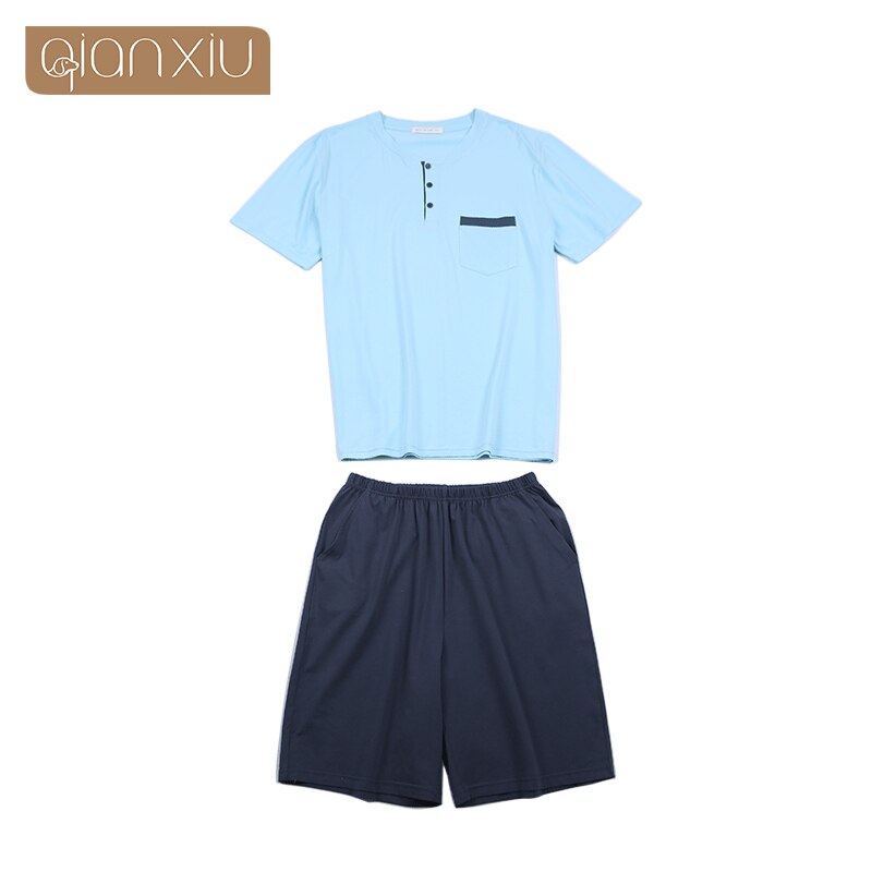 Summer Two-Piece Men Casual Pajama sets soft Cotton Sleepwear suit Men's Baseball collar short sleeve t shirt & Half Pants: M