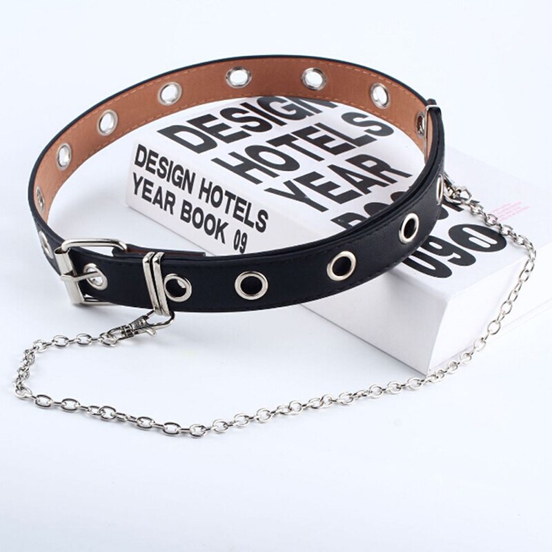 1 pcs Women Punk Chain Belt Adjustable Black Double/Single Eyelet Grommet Leather Buckle Belt: black style1