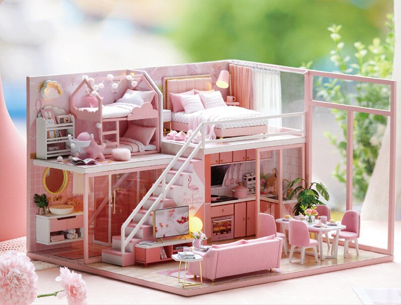 Leuke Kamer Poppenhuis Houten Huisje Handgemaakte Diy Poppenhuis Miniaturen Meubels Speelgoed Voor Kinderen Casa De Boneca