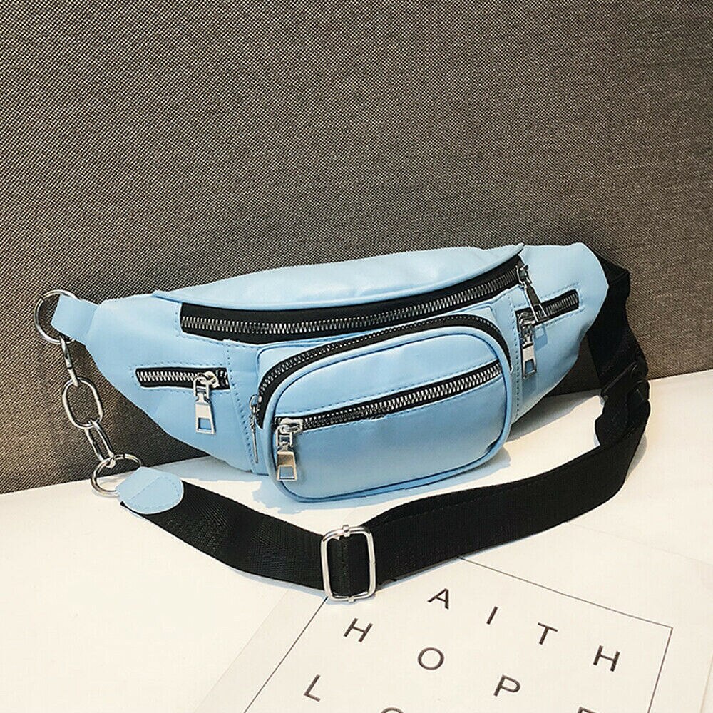 Women's Waist Belt Bag Solid Leather Fanny Pack Shoulder Chest Bag Travel Small Large Capacity Phone Pouch: Light Blue