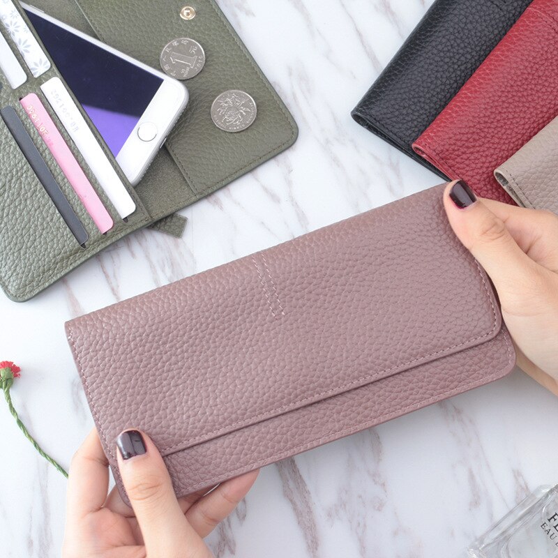 Ladies simple flat card holder wallet Genuine Cow Leather long wallet for women Simple classic couple Leather Wallet