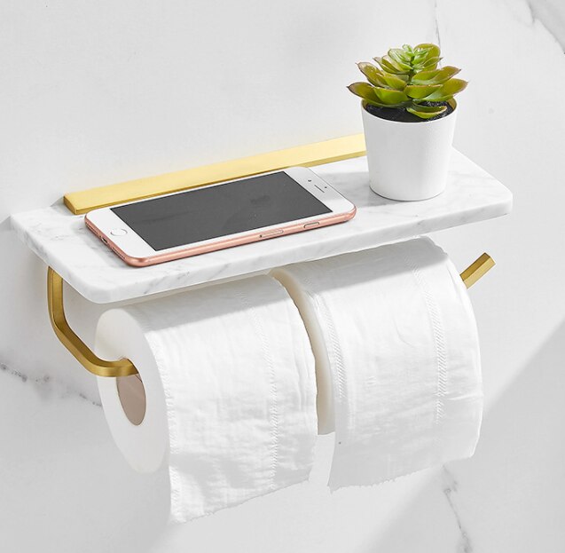 Luxury white marble bathroom towel rack brushed gold paper towel rack hardware paper holder corner shelf: dual paper holder