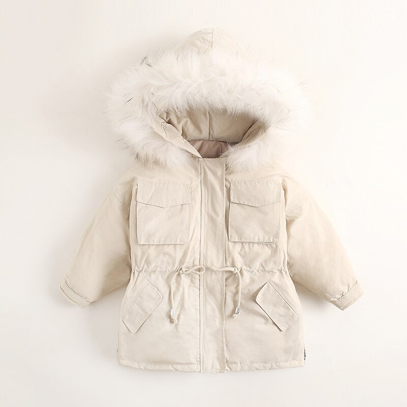 Pojke dunjacka lång sektion stor pälskrage barn vinterkläder flickor pälskrage dunjacka babyrock: Beige / 3t