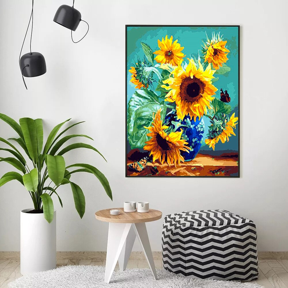 HUACAN DIY Paint By Numbers Sunflowers HandPainted Oil Painting Drawing Kits Canvas Pictures Home Decoration