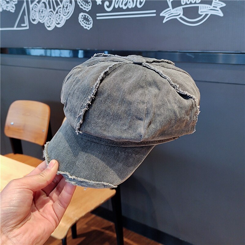 Chapeau coréen octogonal pour femme, Dongdaemun rétro, littéraire, lavage et vieux bords, béret de journal, printemps et été: Gris foncé