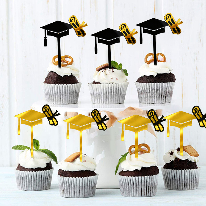 Gold Happy Graduation Cake Topper Bachelor Cap Acrylic Cupcake Topper for DIY Baking Kitchen Supply Happy Graduation Party Decor