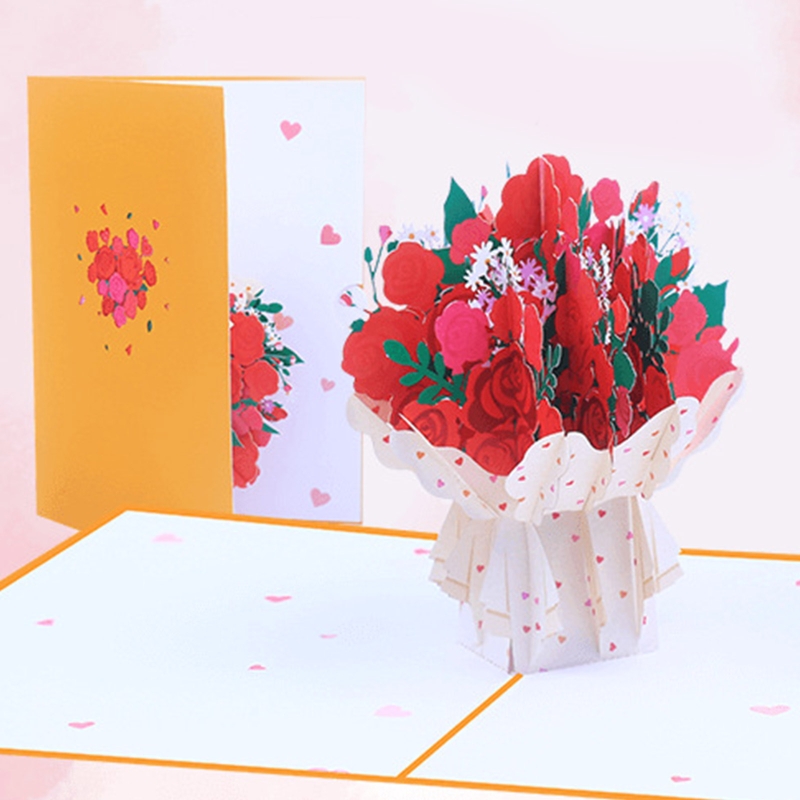 3D Pop Up Greeting Card Flower Bouquet Blessing Message Card Portable Cards