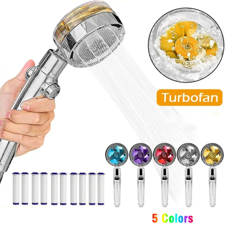 Pommeau de douche à ventilateur à turbine rotative à 360 degrés, spray à économie d'eau à haute pression, filtre de pommeau de douche réglable, accessoires de salle de bain