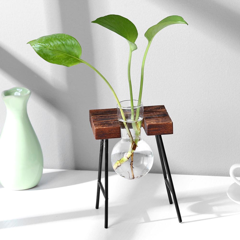 Glas og træ vase plante terrarium bord desktop hydroponics plante bonsai urtepotte hængende potter med træbakke boligindretning: Type 7