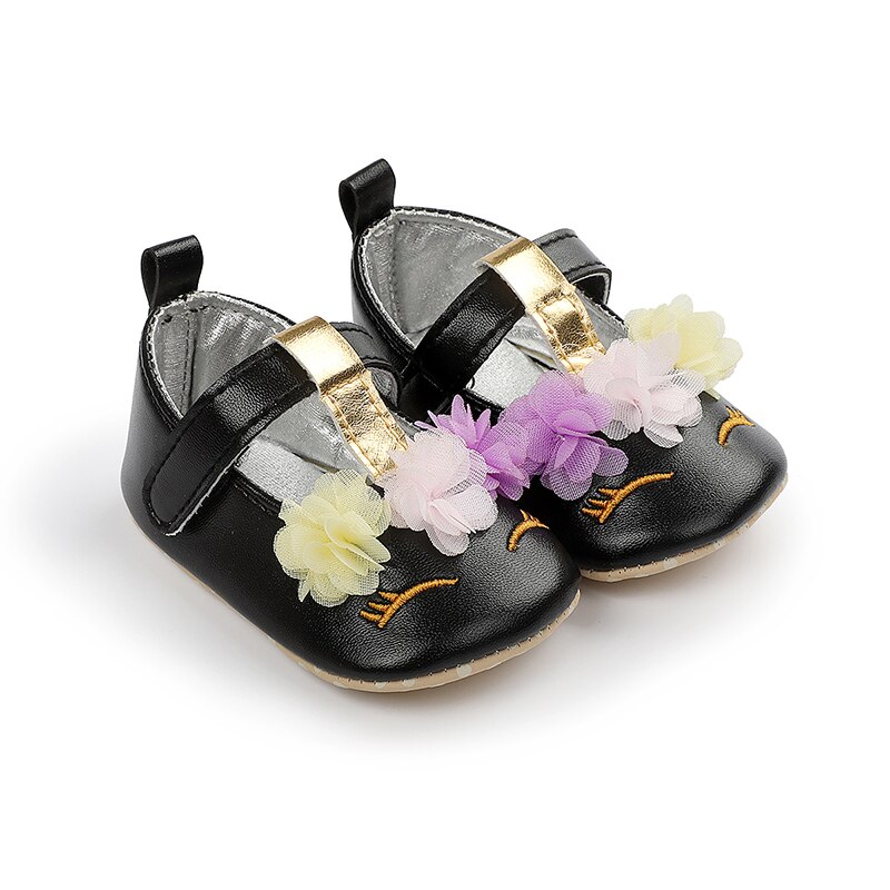 Doux bébé fille princesse chaussures fleur Mary Jane chaussures plates mocassins semelle souple antidérapant en cuir PU chaussures Prewalkers pour la fête quotidienne: Black / 0-6M