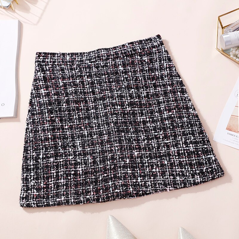 Vintage Winter Tweed Skirts Women Autumn Mini Pencil Skirts Plaid Wool Skirts Korean Bodycon High Waist Tweed Skirt Lady