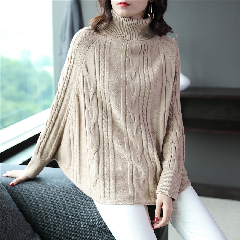 Kvindelig wrap swing cape efterår og vinter doven vind kvinders højkrave pullover twist bat sweater dame sweater dame