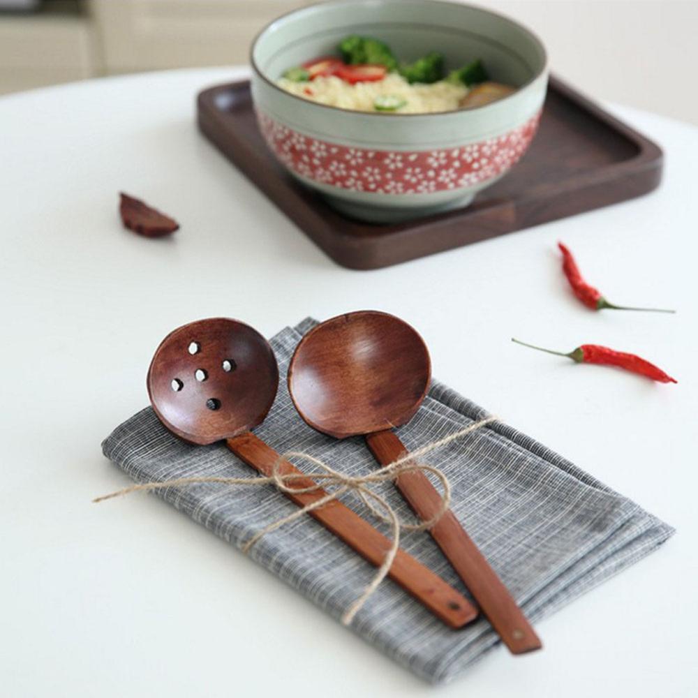 Japanse Stijl Lange Steel Houten Lepel Pot Vergiet Servies Keuken Koken Duurzaam Lepel Ramen Pot Filter Lepel