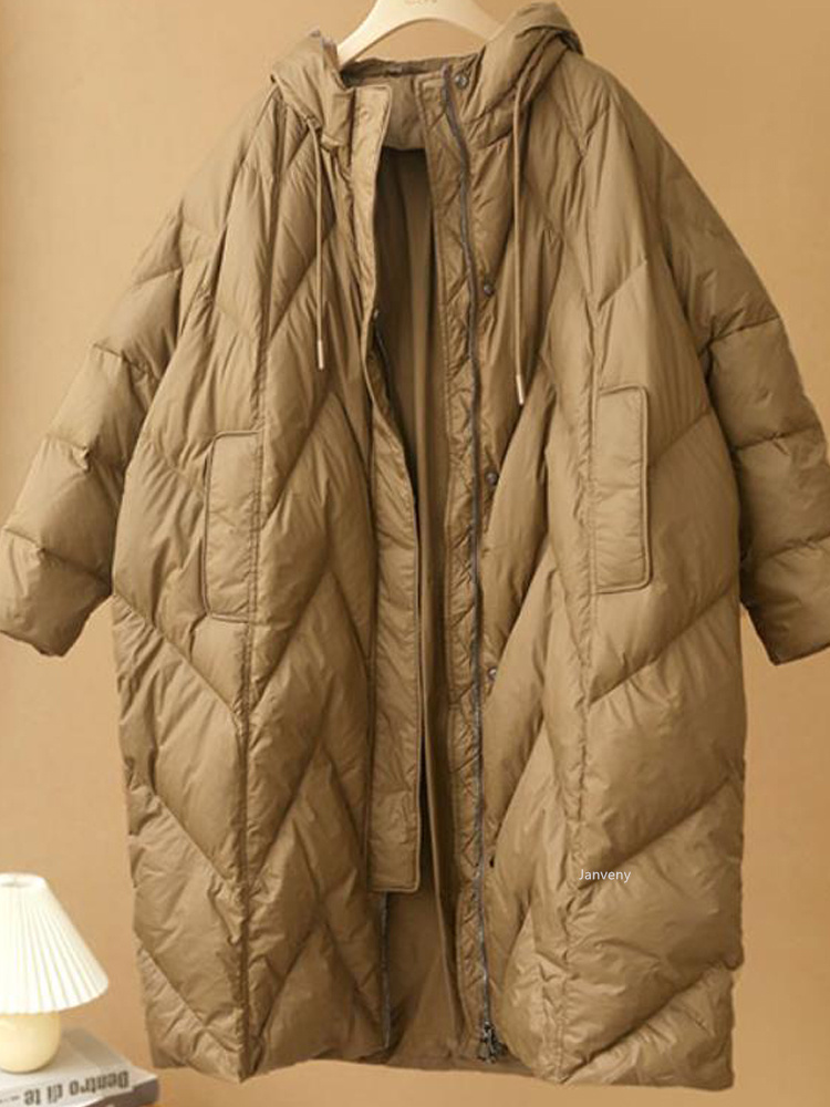 Janveny Women Loose Long Coat 90% White Duck Down Jacket Women Winter Female Overcoat Winter Hooded Puffer Feather Parkas