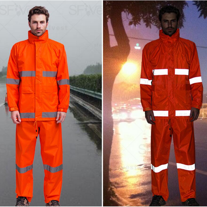 Fluorescent orange Safety Raingear Hi Vis Rainsuit Waterproof Hooded Parka &amp; Pants with reflective tape: Orange suit / M