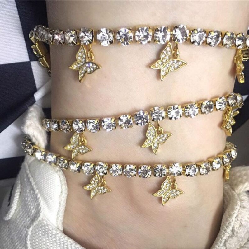 Stainless Steel Shining Rhinestone Ankle Chain Butterflies Pendant Anklet for Women Foot Jewelry Luxury Simple