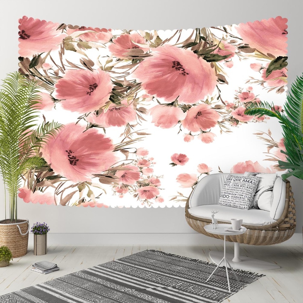 Annet hvitt gulv rosa blomster grønt blad floral 3d print dekorativt hippi bohem veggheng landskap billedvev veggkunst