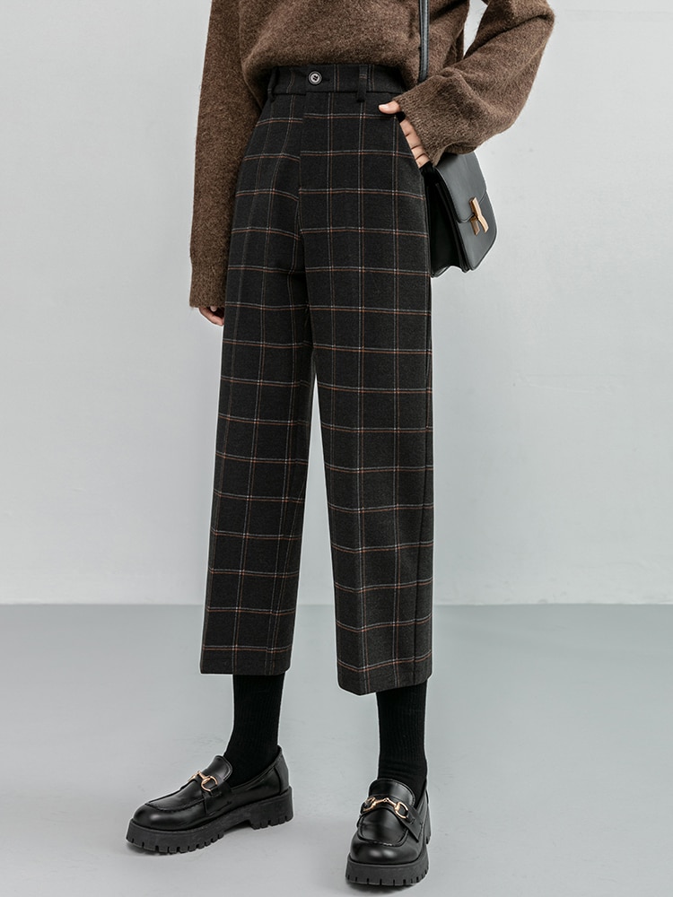 Seoulish Herfst Winter Wollen Plaid Vrouwen Formele Rechte Broek Hoge Taille Enkellange Chic Losse Dames Broek pocket: L / plaid(eight points)