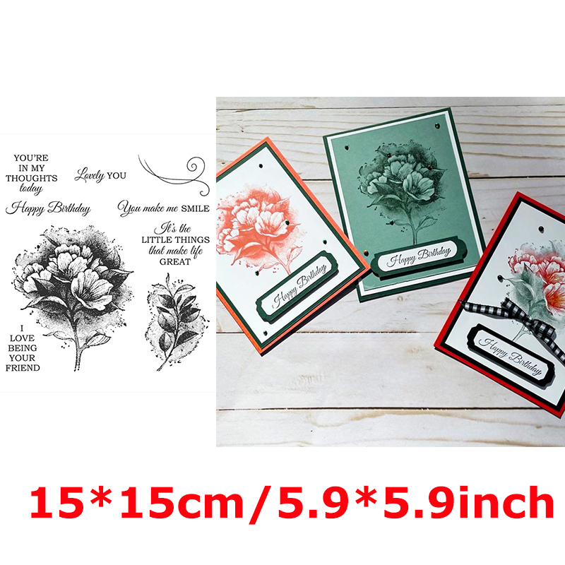 Clear Stamps Happy Birthday Thank You Wishes Artistic Words Flowers Wave Doodle Background Stamps Girl Relaxing Scene: 10