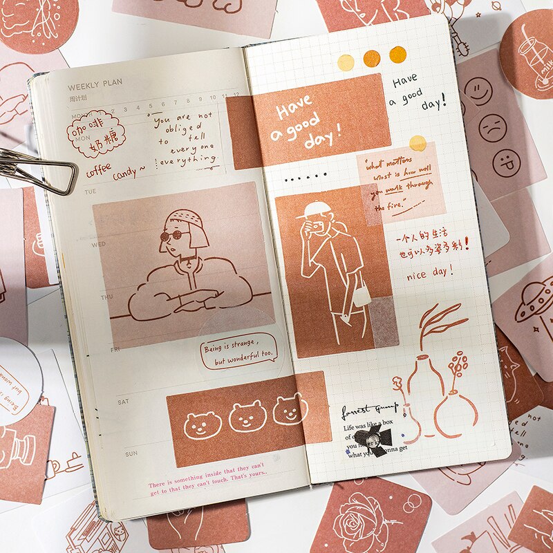 Yoofun 42pcs Kawaii Aesthetic Arts Sticker Unrepeated Patterns Cute Decor Paper for Collage Junk Journals DIY Stationery