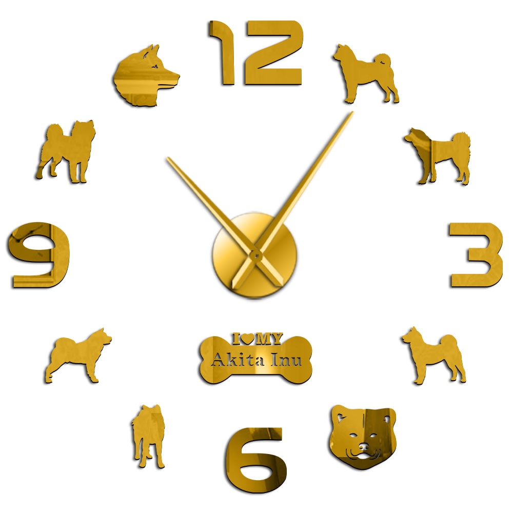 Lovely Akita Inu Dog Breed Large DIY Wall Clock Japanese Akita Great Japanese Puppy Pet Dog 3D DIY Wall Sticker Clocks: Gold / 47inch