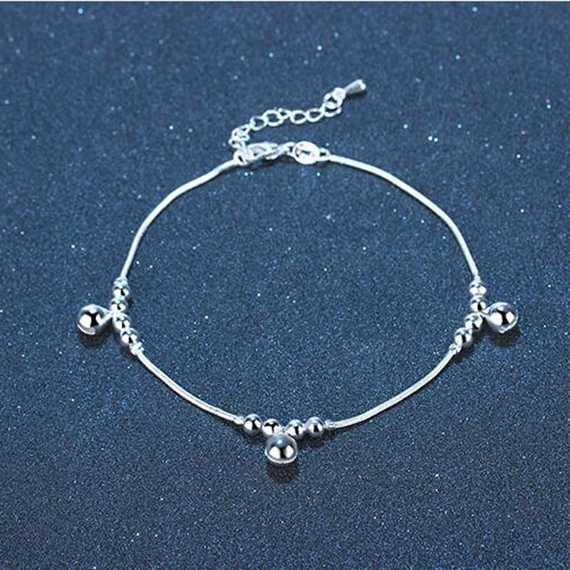 925 Silver Chain Anklets for Women Party Bead Bell Ankle Bracelet Foot Jewelry Girl Best