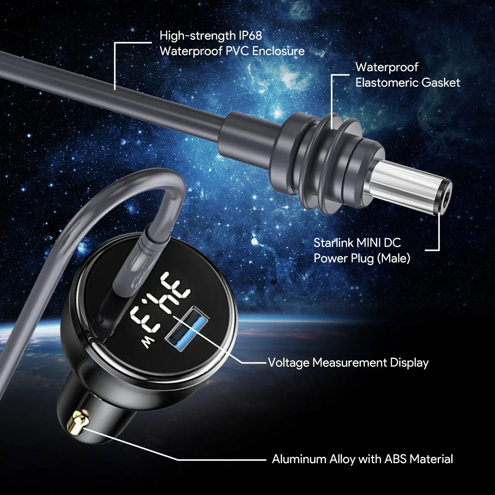 Für Starlink Mini-Stromkabel, 2 m/3 m, 12 V-24 V, Cigarrete-Feuerzeug-Adapter auf DC-Stromkabel mit USB-Typ-C-Anschluss und Voltmeter
