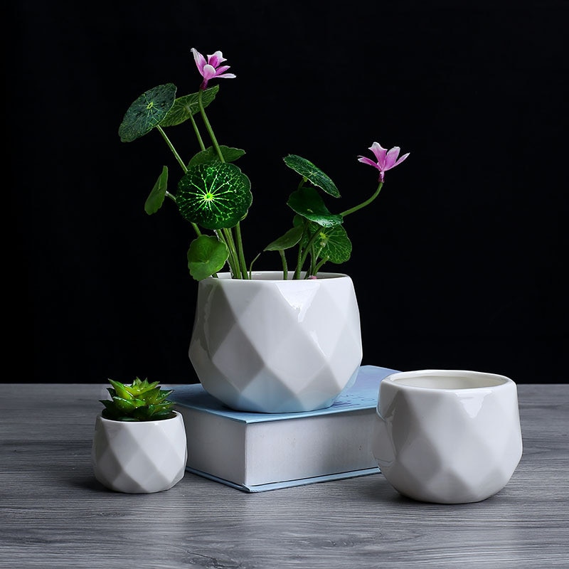 Creatieve Keramische Witte Geometrische Bloempot Eenvoudige Vetplant Container Green Plantenbakken Kleine Bonsai Potten Woondecoratie