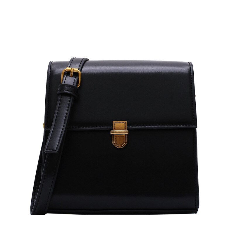 Style Women's Bag Lock Lock PU Leather Shoulder Bag Solid Color Single Shoulder Messenger Small Square Bag: black