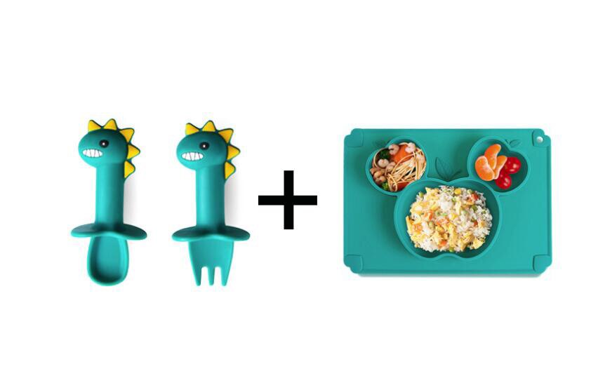 Prato de Silicone Alimentos Complementares de Formação do bebê Bacia de Alimentação Integrada infantil Ventosa Bandeja Talheres Anti-queda: plate fork spoon A