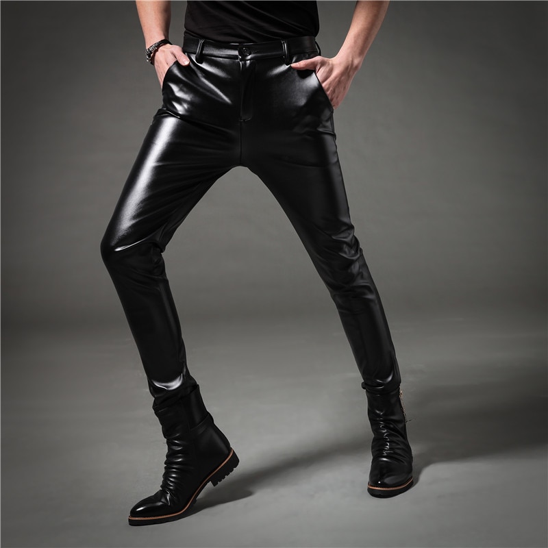 Pantalones pitillo de cuero informales para hombre de primavera y otoño, pantalones pitillo de estilo vintage para motociclismo y punk, pantalones ajustados de estilo coreano para hombre, pantalones para discoteca