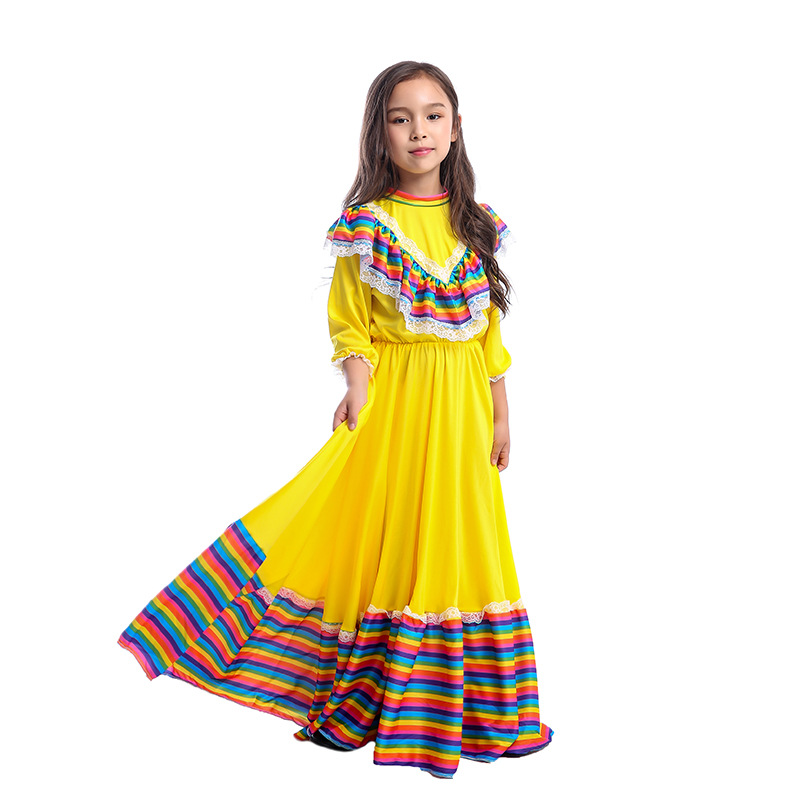 traje con mexicano niña largo amarillo Flamenco vestido falda de salón para niñas niños vestidos de baile disfraces para niños ropa