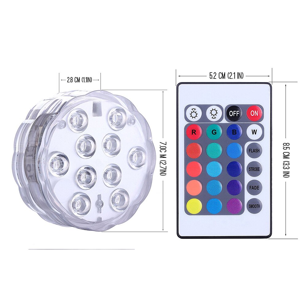10 LED RGB Submersible Light Battery Operated Underwater Lamp Remote Controll Outdoor Garden Pool Aquarium Decoration