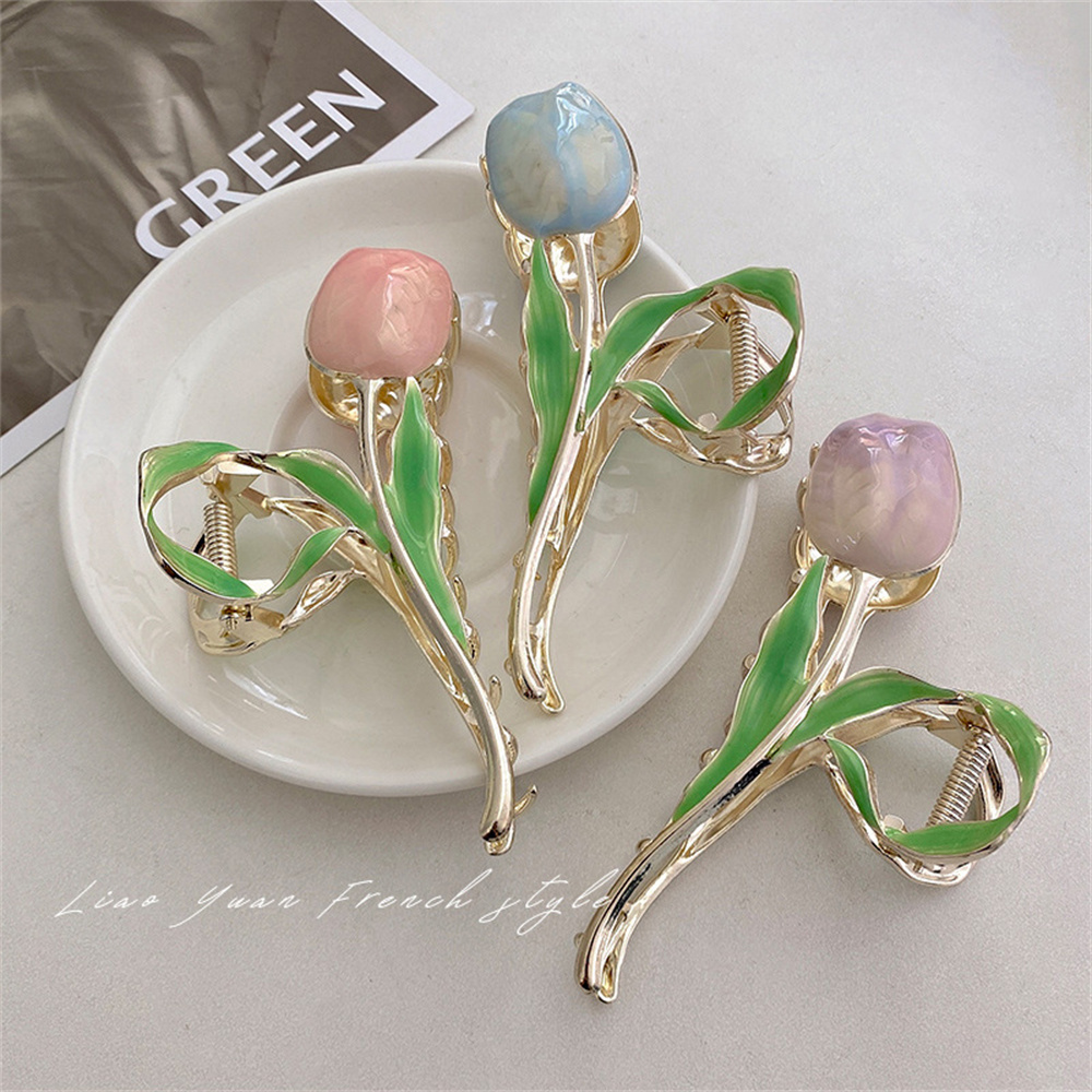 Flower Metal Hair Claw para Mulheres e Meninas, Elegante Multicolor Tulip Hairclip, Ponytail Bun Hairpins, Maquiagem Washing Face, Fashion Gifts