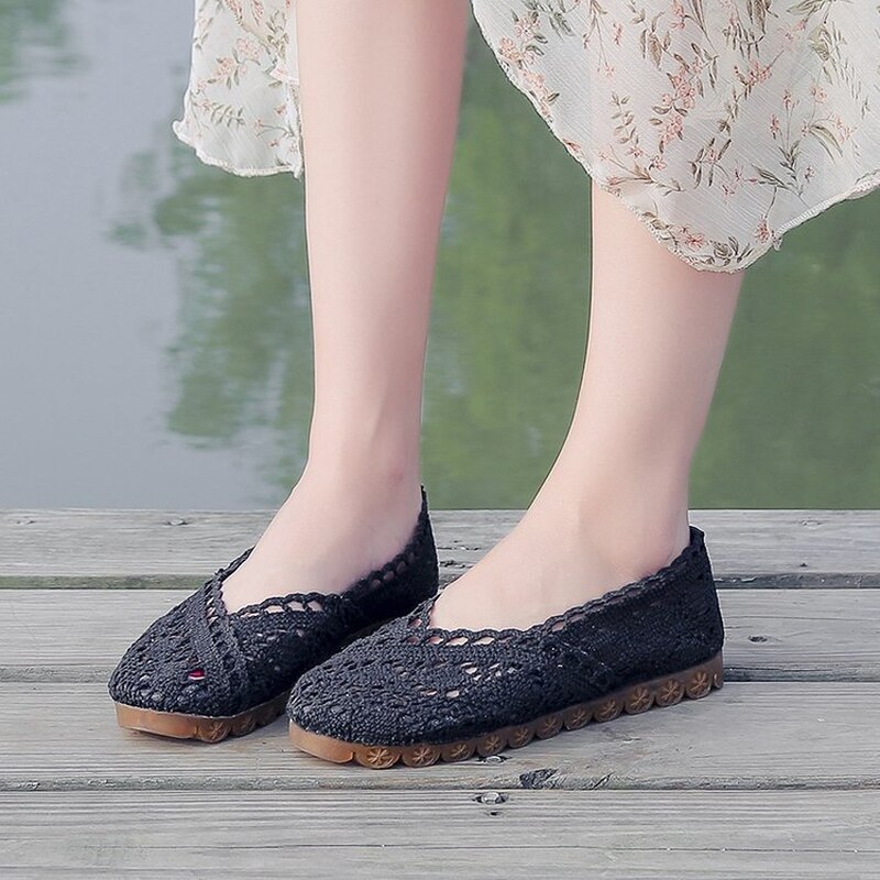 Zapatos de mujer, verano , tela con huecos de encaje, zapatos de guisantes, zapatos planos informales para mujer, mocasines de tela tejida a mano de fondo suave transpirable
