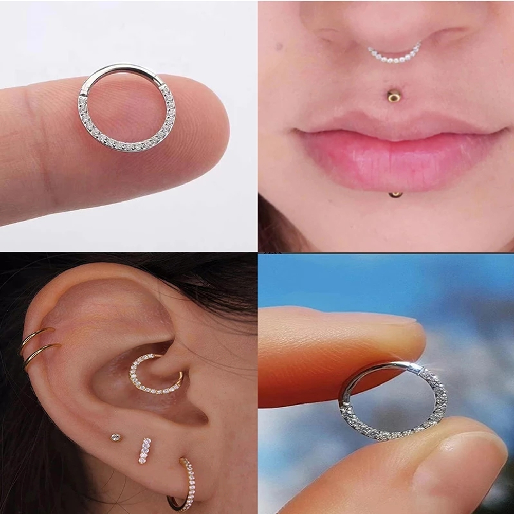 100% G23 anillo de titanio para la nariz para mujer pequeño tabique Nasal cartílago aro pendiente Piercing 16 gramos frontal Lnlaid Rainbow CZ bisagra