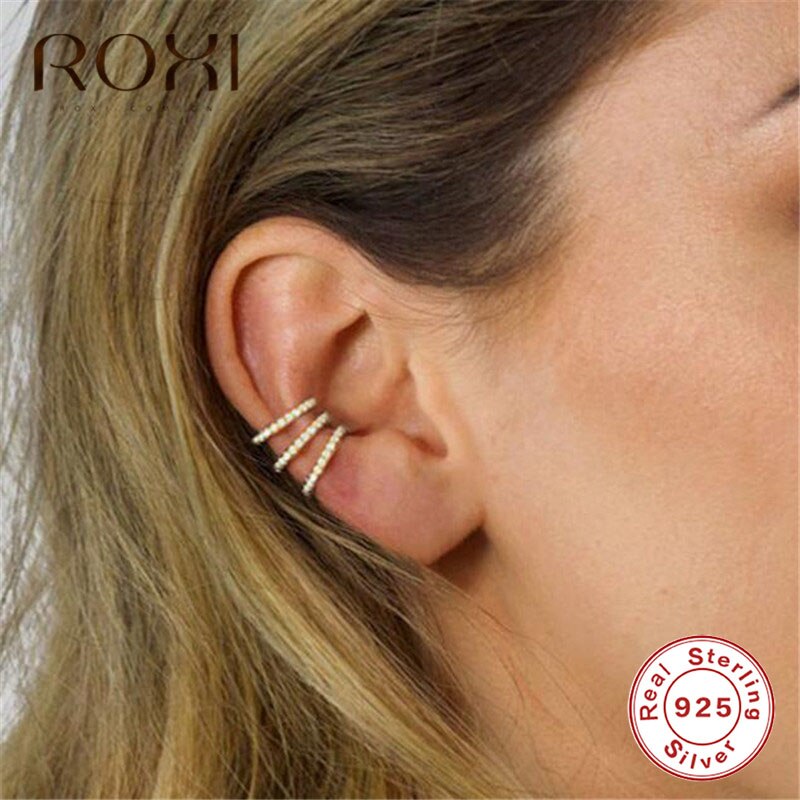 ROXI 100% 925 Sterling Silver Earring Korean Female Shining CZ Ear Cuff Clip on Earrings for Women Girl Without Piercing Earings