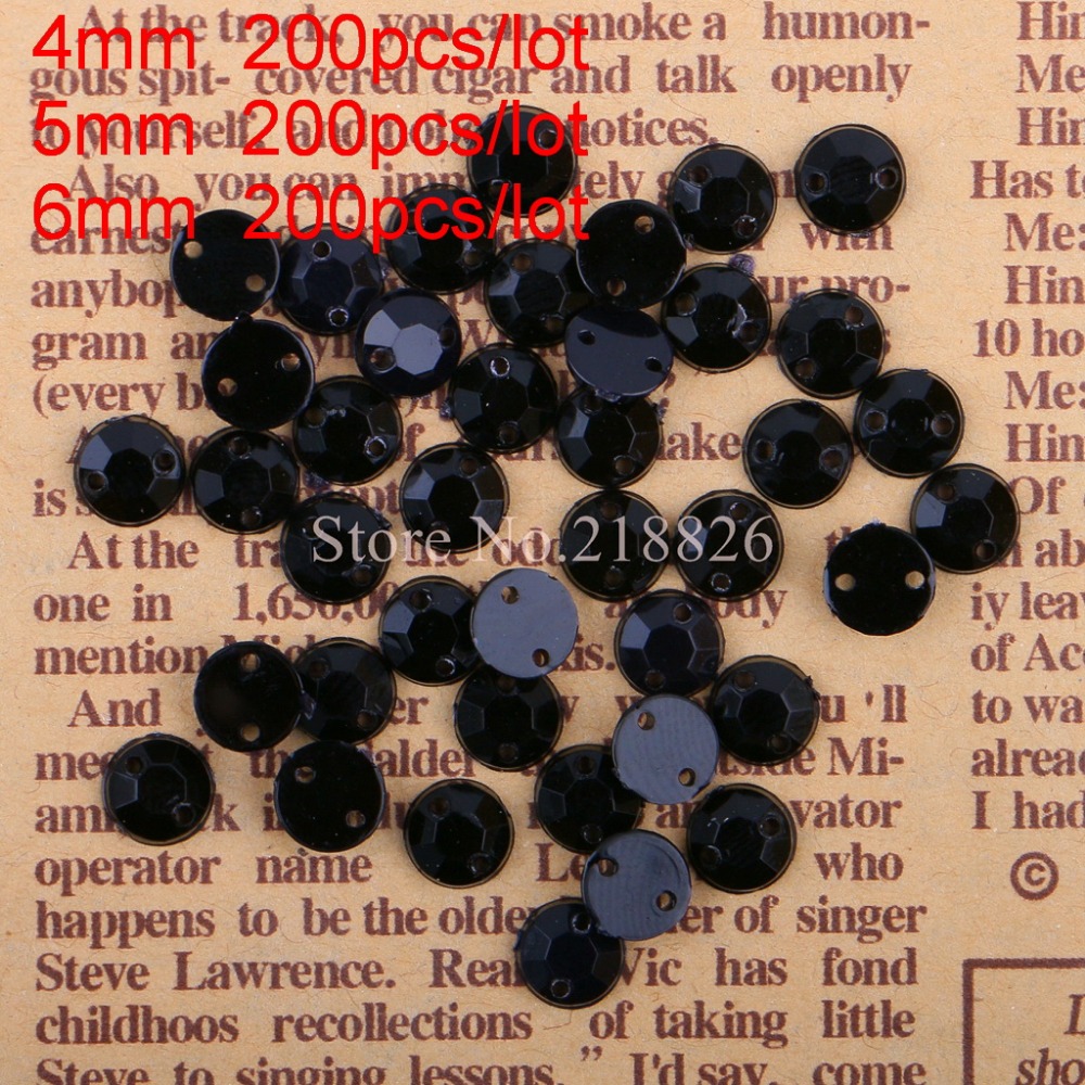 4mm / 5mm / 6mm runde sorte akryl rhinsten flad bagside rund påsyet rhinsten 2 huller påsyede krystal perler 200 stk/pk.