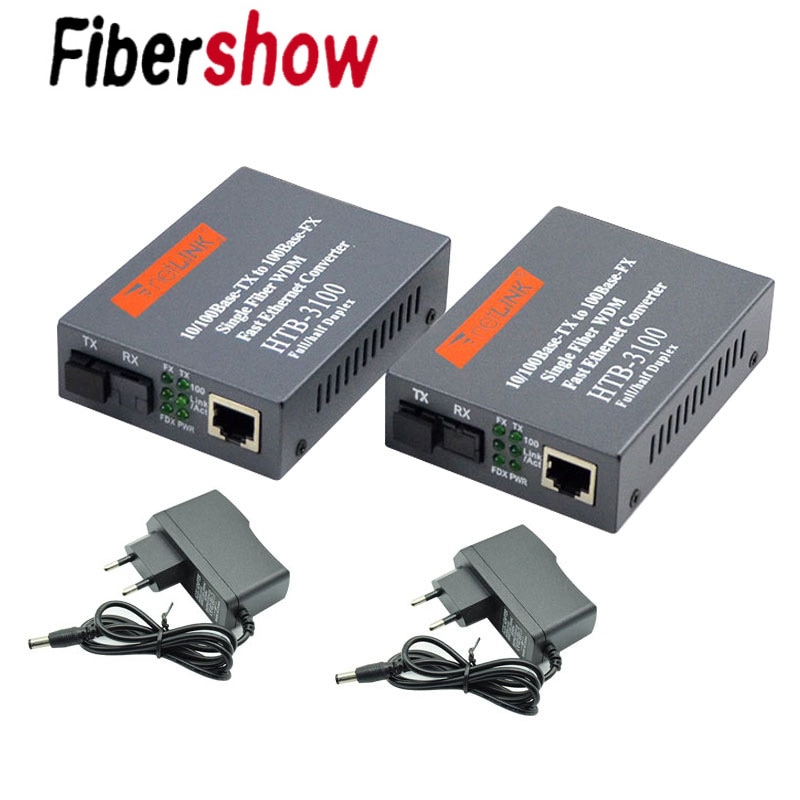 1 paire convertisseur de média HTB-3100 Fiber optique monomode Fiber unique SC Port 20 KM alimentation externe 10/100 M