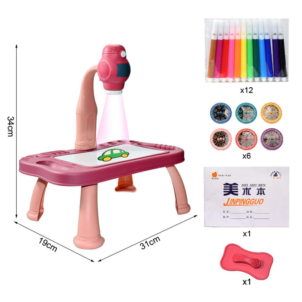 Kids Projector Drawing Table Painting Board Desk Multifunctional Writing Arts Crafts Educational Projection Machine Drawing Toy: E pink