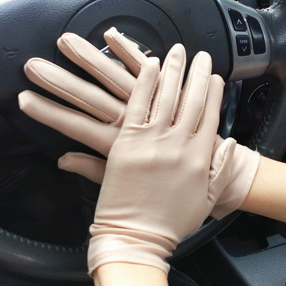 Summer Thin Sun Protection Gloves Unisex Dots Printed Etiquette Dance Gloves Pure Color Elastic Cycling Driving Glove: khaki
