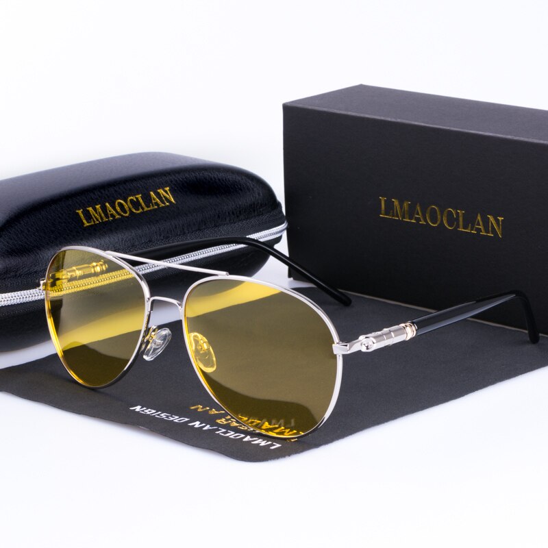 Mens Polarized Night Driving Sunglasses Brand Yellow Lens Night Vision Driving Glasses Goggles Reduce Glare: Silver