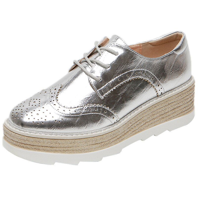 hollow out full brogues women gold/silver bright leather platform shoes square toe oxford flats women creepers espadrilles