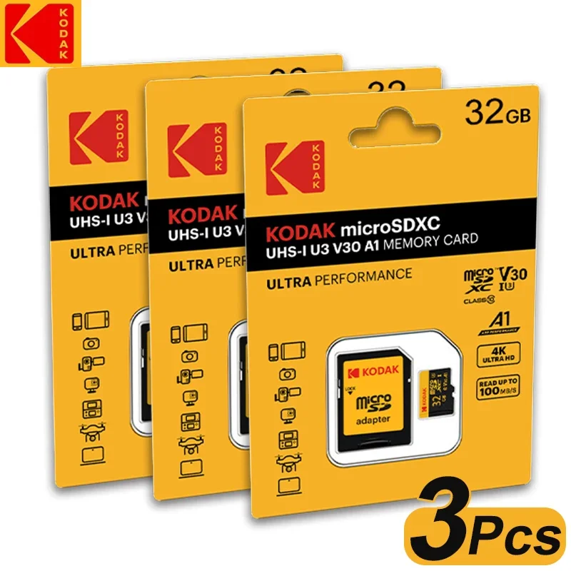 3Pcs Original Kodak Micro SD Card Memory Card 64GB A1 SDXC TF Flash Drive Video card With SD Adapter Class 10 For Camera Phone: 32GB
