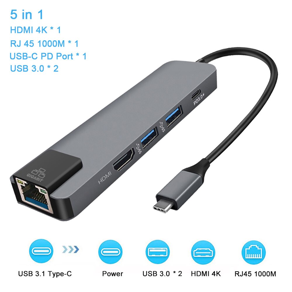 Usb 3.1 Type C Dock Hub Naar Usb 3.0 Type C Vga RJ45 Pd Hdmi-Compatibel Usbc Hub Voor laptop Usb Docking Station Adapter Converter: 5 in 1